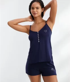 Splendid Button Detail Knit Shorts Pajama Set -Fashion Underwear splrld0061 solidpeacoat 1x